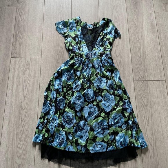 Free People Fit & Flare Dress Women Blue Size 0 Floral Cap Sleeves Silk - Picture 2 of 9